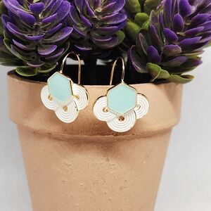 Gold Tone Mint Green and White Enamel Geometric Hexagon Drop Hook Earrings